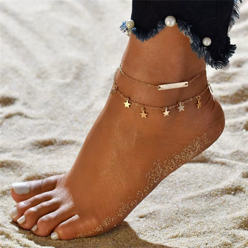 Boho Double Layer Anklets for Women Pearl Streaming Pendant Foot Chains 8 Shape Beach Bracelet Anklets Solar System Bracelet