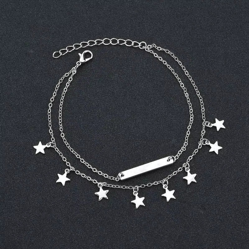 Boho Double Layer Anklets for Women Pearl Streaming Pendant Foot Chains 8 Shape Beach Bracelet Anklets Solar System Bracelet