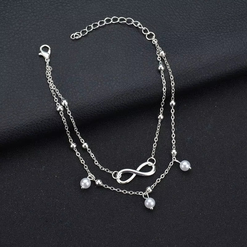Boho Double Layer Anklets for Women Pearl Streaming Pendant Foot Chains 8 Shape Beach Bracelet Anklets Solar System Bracelet